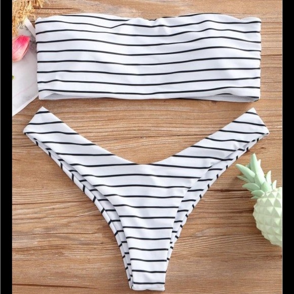 Zaful white/ Black Striped Bandeau High cut Cheeky Bikini   Size M - Picture 1 of 14